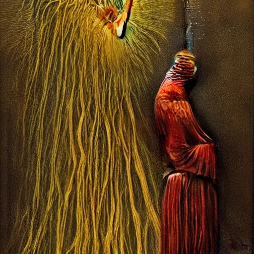 Image similar to Adam and Even dressed in Victorian dresses hug under the Tree of Life, by Beksinski