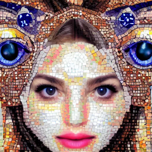 Image similar to portrait mosaic of a beautiful cute girl with robot ears and eyes, 4k, intricate details, digital, close up