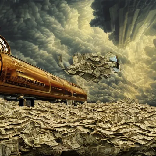 Image similar to huge tornado made of dollar bills, heavy winds carrying dollars in the air, dark clouds of cash in the background, Realistic, Regal, Refined, Detailed Digital Art, Michael Cheval, Walt Disney (1937), François Boucher, Oil Painting, Steampunk, Highly Detailed, Cinematic Lighting, Unreal Engine, 8k