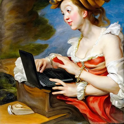 Image similar to heavenly summer sharp land sphere scallop well dressed lady working on her laptop drinking a starbucks coffee auslese, by peter paul rubens and eugene delacroix and karol bak, hyperrealism, digital illustration, fauvist