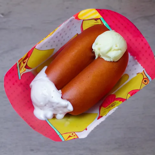 Prompt: an icecream with hot dog taste,