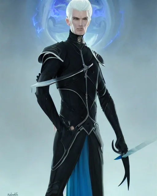 Prompt: character portrait of a slender young half elven man with white hair and piercing blue eyes and pale blue skin, wearing sleek pearlescent black armor, by greg rutkowski and mark brookes and jim burns and tom bagshaw and magali villeneuve, trending on artstation