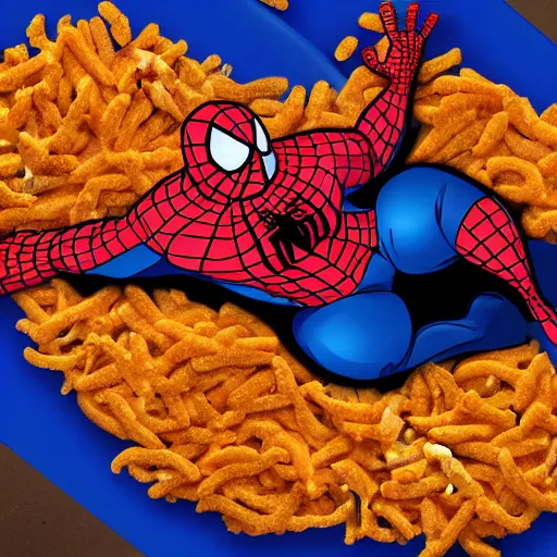 Image similar to morbidly obese spiderman laying on a giant bed of cheetos, 7 0 mm, super high resolution, award winning