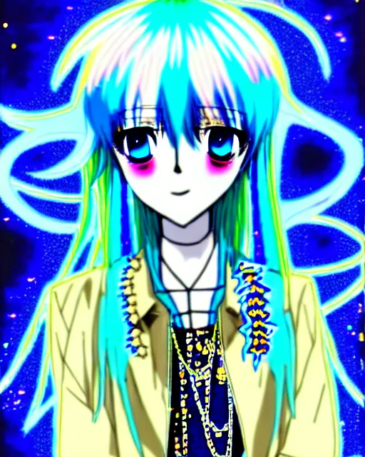 Image similar to a hologram of rimuru tempest, sky blue hair, golden yellow eyes, wearing black stylish clothing, holography, irridescent, baroque rococo visual kei decora art