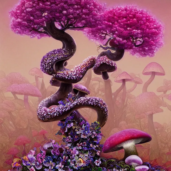 Image similar to extremely psychedelic statue made of orchid and cherry blossom tree and mushroom, LSD, diffuse lighting, fantasy, intricate, elegant, highly detailed, lifelike, photorealistic, digital painting, artstation, illustration, concept art, smooth, sharp focus, art by John Collier and Albert Aublet and Krenz Cushart and Artem Demura and Alphonse Mucha