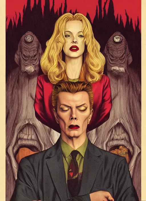 Prompt: twin peaks poster art, david bowie vs cthulhu, old retro pulp noir comic cover, by michael whelan, rossetti bouguereau, artgerm, retro, nostalgic, old fashioned