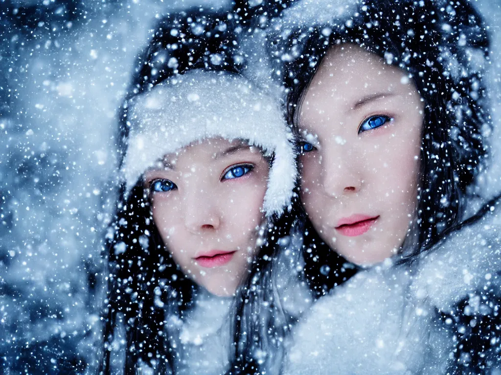 Prompt: the piercing blue eyed stare of yuki onna, glittering skin, mascara, snowstorm, blizzard, mountain snow, canon eos r 6, bokeh, outline glow, asymmetric unnatural beauty, gentle smile, blue skin, centered, rule of thirds