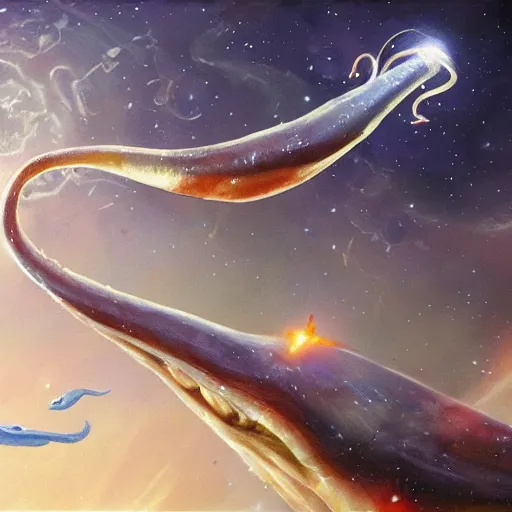Image similar to giant squid floating in space, 8k, digital art, sci-fi, trending on artstation, artwork by Riccardo Federici