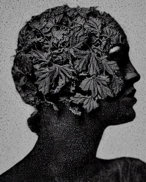 Image similar to a woman's face in profile, made of intricate decorative ivy, in the style of the dutch masters and gregory crewdson, dark and moody