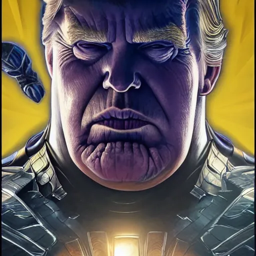 Prompt: Donald Trump as Thanos, cinematic movie poster, elegant, intricate, highly detailed, artstation, digital painting, Marvel, concept art, sharp focus, illustration, art by artgerm and greg rutkowski and alphonse mucha