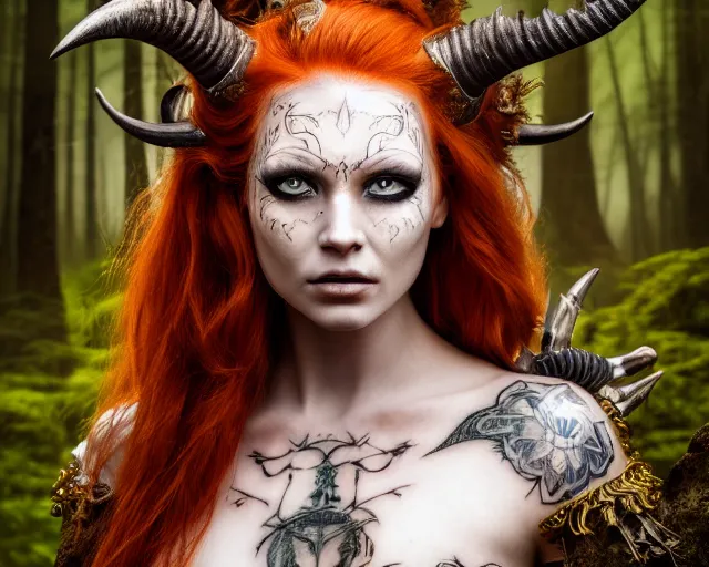 Image similar to 5 5 mm portrait photo of an armored gorgeous anesthetic redhead woman warrior with a face tattoo and horns growing from her head, in a magical forest in the style of stefan kostic, art by luis royo. highly detailed 8 k. intricate. lifelike. soft light. nikon d 8 5 0. cinematic post - processing