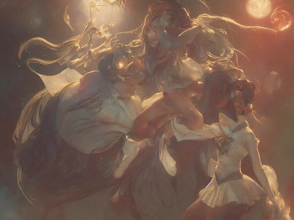 Prompt: Sailor Moon in Wallace and Gromet, cinematic lighting, battered, sci-fi, fantasy, intricate, elegant, highly detailed, digital painting, artstation, concept art, smooth, sharp focus, illustration, art by artgerm and greg rutkowski and alphonse mucha