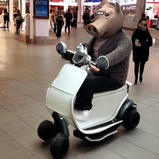 Image similar to photo of a anthropomorphic pig on a mobility scooter in a mall