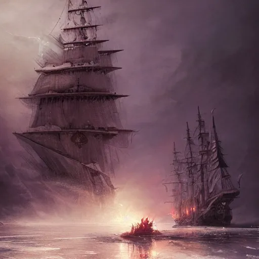 Image similar to pirate ship in hell, cold, icey white lightning, frozen monstrocity in the background, hyperdetailed, artstation, cgsociety, by greg rutkowski, by Gustave Dore