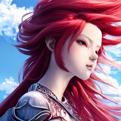 Image similar to a long - red - haired female knight as an absurdly beautiful, elegant, young sensual anime girl, floating in the sky, ultrafine hyperrealistic detailed face illustration by kim jung gi, irakli nadar, intricate linework, sharp focus, bright colors, matte, final fantasy, unreal engine highly rendered, global illumination, radiant light, intricate environment