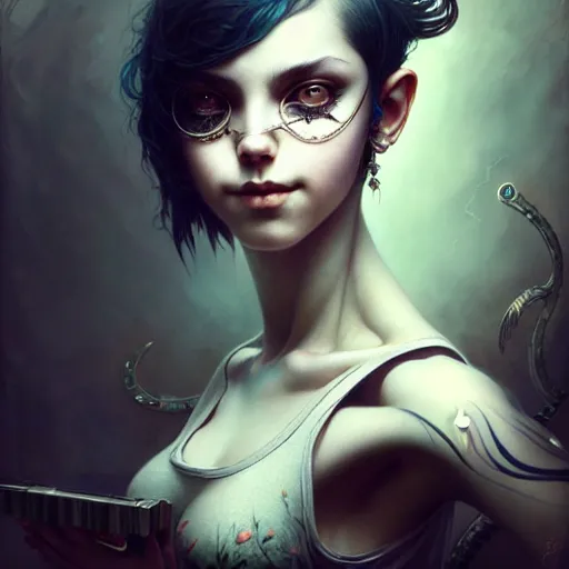 Image similar to a selfie of a happy emo girl in a tank top, intricate, elegant, highly detailed, smooth, sharp focus, award - winning, masterpiece, in the style of tom bagshaw, cedric peyravernay, peter mohrbacher, anime