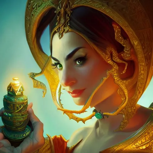 Image similar to magic lamp, closeup, D&D, fantasy, intricate, elegant, highly detailed, digital painting, artstation, concept art, matte, sharp focus, illustration, hearthstone, art by Artgerm and Greg Rutkowski and Alphonse Mucha