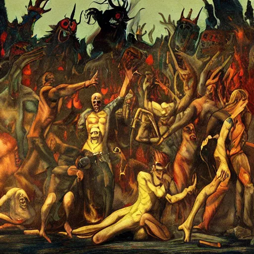 Prompt: a crowd of people banish a demon, horror art