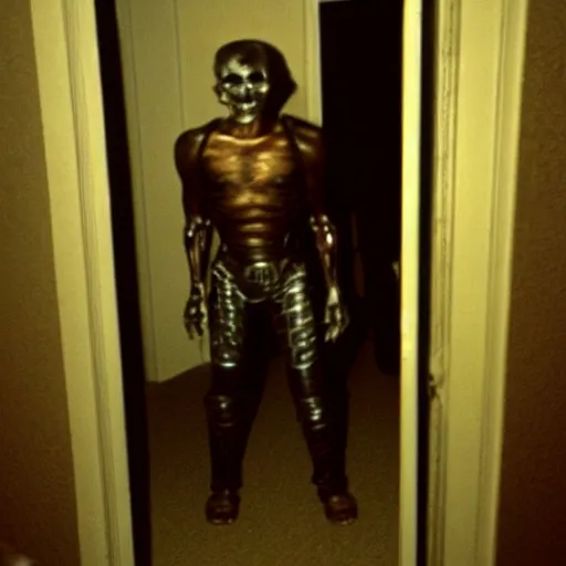 Prompt: grainy photo of the terminator as a creepy monster in a closet, harsh flash