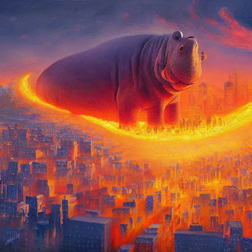 Image similar to Giant hippo over a city in flames, highly detailed painting, 4k, soft light