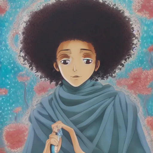 Image similar to a somali woman with curly hair, painting on a canvas, anime style, studio ghibli, contemplative, beautiful, surreal, detailed, dreamy