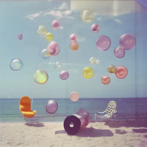 Image similar to a pastel colour high fidelity wide angle Polaroid art photo from a holiday album at a seaside with abstract inflatable parachute furniture, all objects made of transparent iridescent Perspex and metallic silver, no people, iridescence, nostalgic