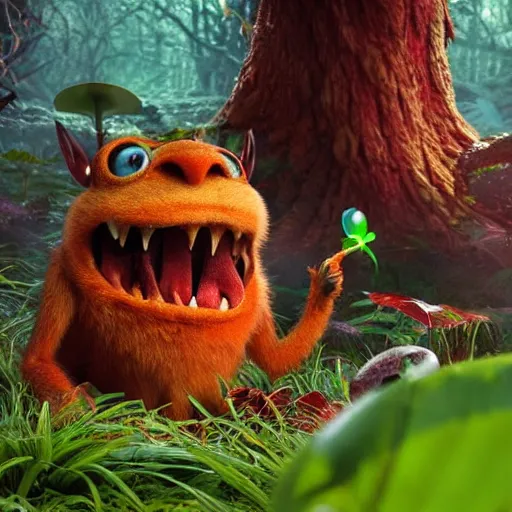 Prompt: a nature photo of a cute, adorable, fury monster eating bugs for lunch while sitting on a red mushroom in the fantasy forest, in the style of Pixar, extremely detailed, wide shot, sharp and detailed, Octane render