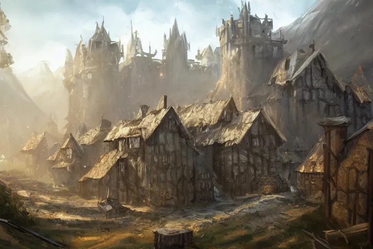 Prompt: A rough medieval settlement, iron ,iron, iron, fantasy, D&D, concept art, sharp focus, trending on artstation, digital painting, midday, sunny, beautiful