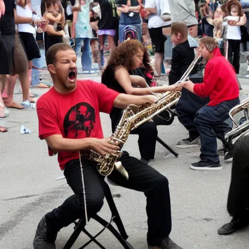 Image similar to Rage against the machine playing jazz on toy instruments in front of a crowd of angry parents