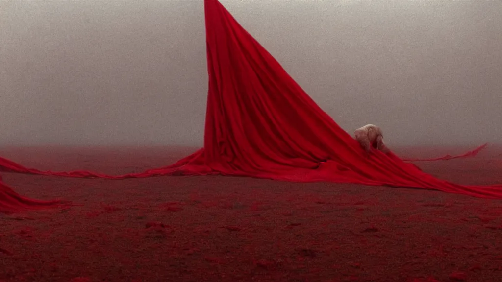 Prompt: a strange creature pushes up from underneath a sea of red cloth, film still from the movie directed by Denis Villeneuve with art direction by Zdzisław Beksiński, wide lens