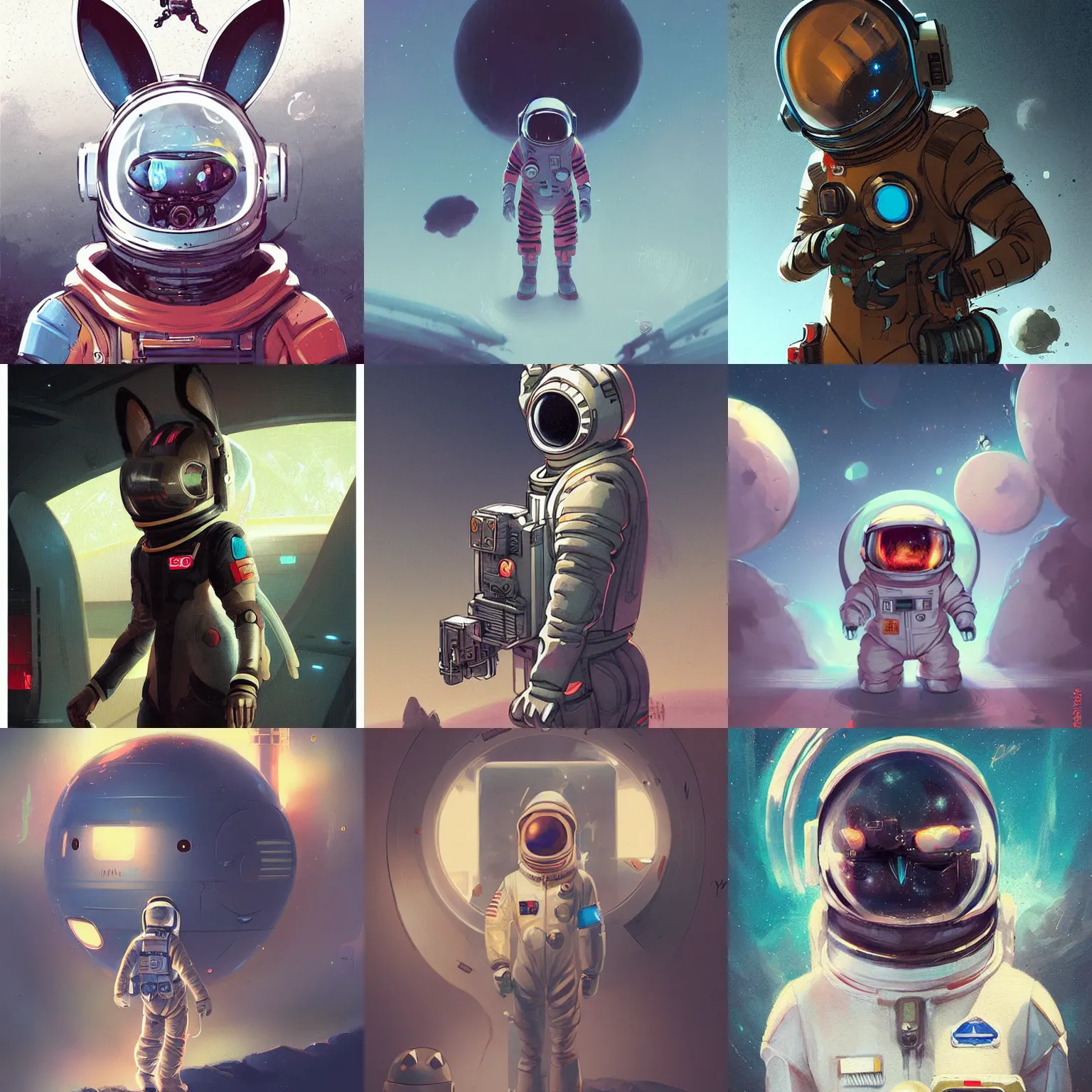 Prompt: retro futuristic bunny astronaut by rossdraws and greg rutkowski, detailed, midjourney, moody, rich colors