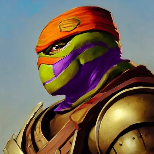 Prompt: greg manchess portrait painting of armored donatello of tmnt as overwatch character, medium shot, asymmetrical, profile picture, organic painting, sunny day, matte painting, bold shapes, hard edges, street art, trending on artstation, by huang guangjian and gil elvgren and sachin teng