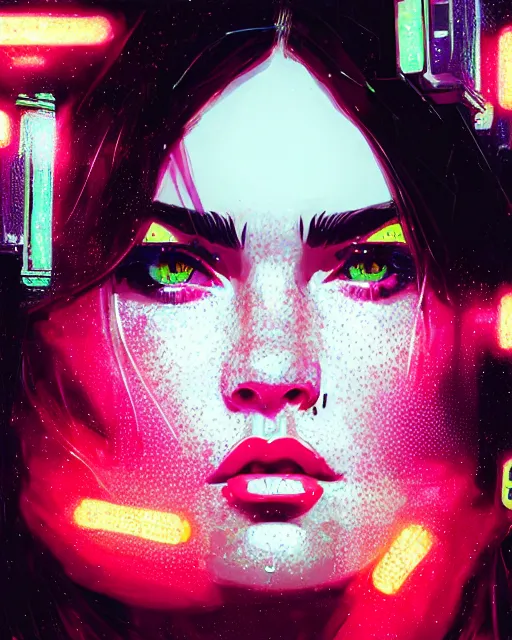 Prompt: detailed megan fox portrait neon operator girl, cyberpunk futuristic neon, reflective puffy coat, decorated with traditional japanese ornaments by ismail inceoglu dragan bibin hans thoma greg rutkowski alexandros pyromallis nekro rene maritte illustrated, perfect face, fine details, realistic shaded, fine - face, pretty face