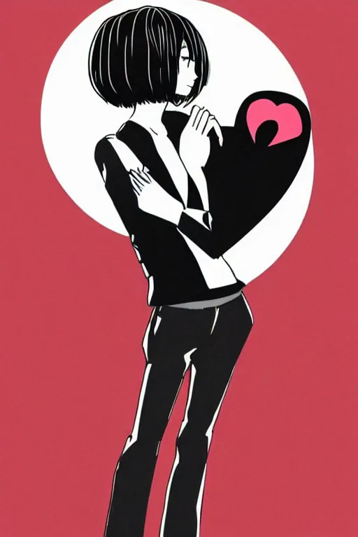 Image similar to portrait of a girl in long pants and a top, hands in pockets, eyes closed, red color heart shaped tattoo on the right hand, bob haircut, digital art, black and white, minimalistic illustration by junji ito and kaoru mori