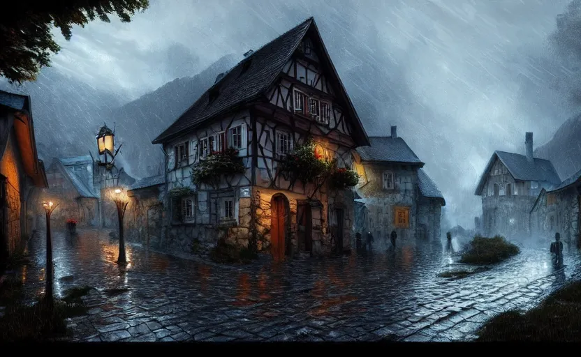 Image similar to extreme long shot concept art depicted rainy old austrian village, high details, dramatic mood, deep environment, art by legends of runeterra and tomasz jedruszek, trending on artstation, unreal engine, 8 k, 4 k