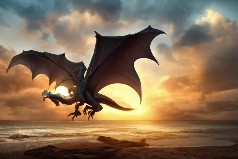 Image similar to beautiful occult dragon flying over the sunset on a beach, trending on Artstation, visually stunnnig, matte painting, award-winning