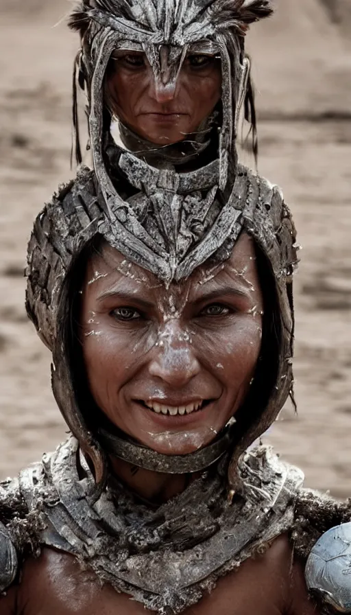 Image similar to sweated smiling beautiful ancient princess tribeswoman in fighting rage, partially destroyed armor inspired monster hunter, low shot camera, muscular, symmetrical face, clean face, subtle make up, debris and arrows flies around her, frozen time effect,dramatic lighting, cinematic, establishing shot, extremely high detail, photorealistic, 300 the movie,monster hunter the movie, dune the movie, cinematic lighting, artstation, octane render, western,old photo, vintage