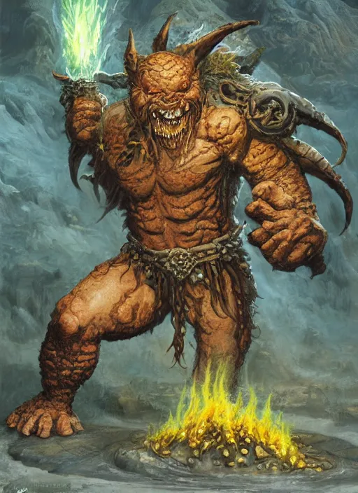 Prompt: a sulfur elemental, digital illustration for dungeons and dragons, pathfinder, full body, by Wayne Reynolds, tony diterlizzi, frazetta, tim seeley, 2005, HQ scan, intricate details, MOTU, Monster Manula, Fiend Folio, D&D monster, fantasy art, artstation trending