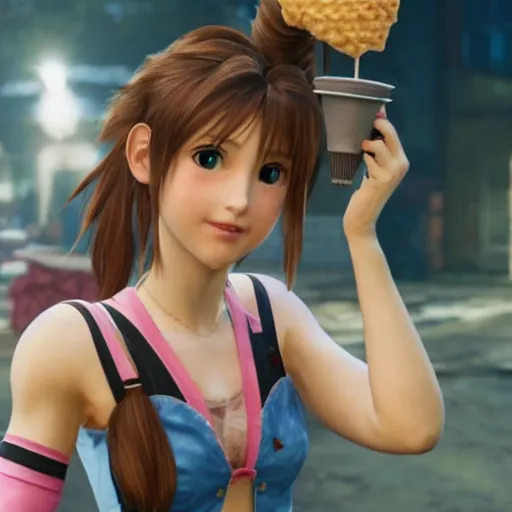 Prompt: Aerith Gainsborough from Final Fantasy VII Remake eating an ice cream cone