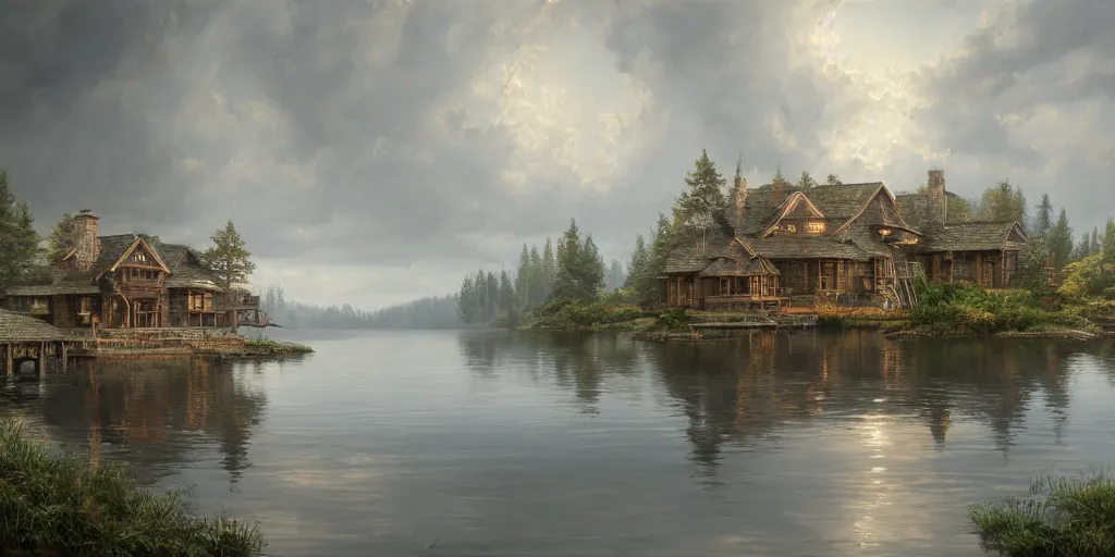 Prompt: an oil painting of a lakehouse, masterpiece, highly detailed, high quality, 4 k, anatomically correct, hyperrealistic, concept art, octane render, unreal engine 5, trending on artstation, trending on deviantart, matte, historical painting, fantasy style, path traced, high coherence, soft lighting, digital painting, mythical