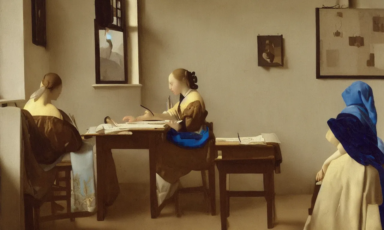 Image similar to a beautiful painting of lofi girl studying at her desk by Johannes Vermeer trending on Artstation