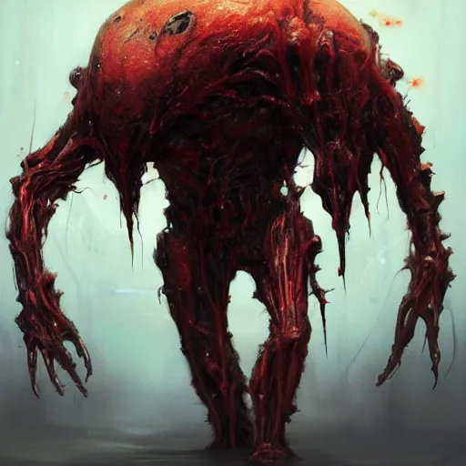 Prompt: scifi art by Greg Rutkowski, hideous monster made of twisted human flesh and reddish ooze, lumpy bloated upper body with elongated and sharp limbs, small head like a ball with two empty holes for eyes, only human beings are its legs, vicious appearance, scifi, space horror, digital painting, artstation, concept art, smooth, sharp foccus ilustration, Artstation HQ.