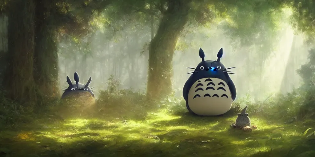 Image similar to Totoro sitting in a forest, fantasy, pixar, high detail, god rays, painting by greg rutkowski, deviantart, trending on artstation, artstationHD, artstationHQ