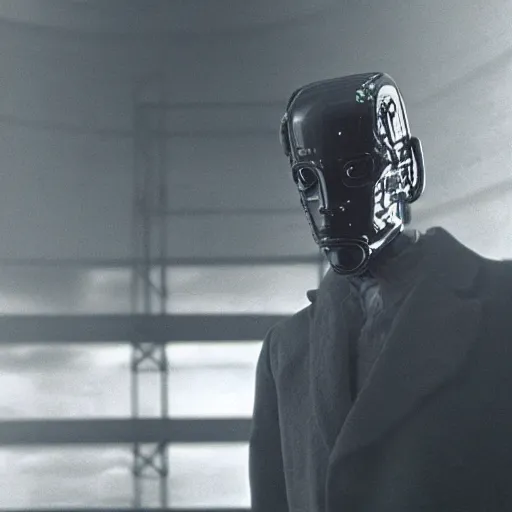 Image similar to movie scene of a man with a robot head, movie still, acting, cinematic composition, cinematic lighting, Movie by David Lynch and Andrzej Żuławski