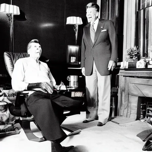 Image similar to [ ronald reagan sitting in chair... tiger lying at his feet ]