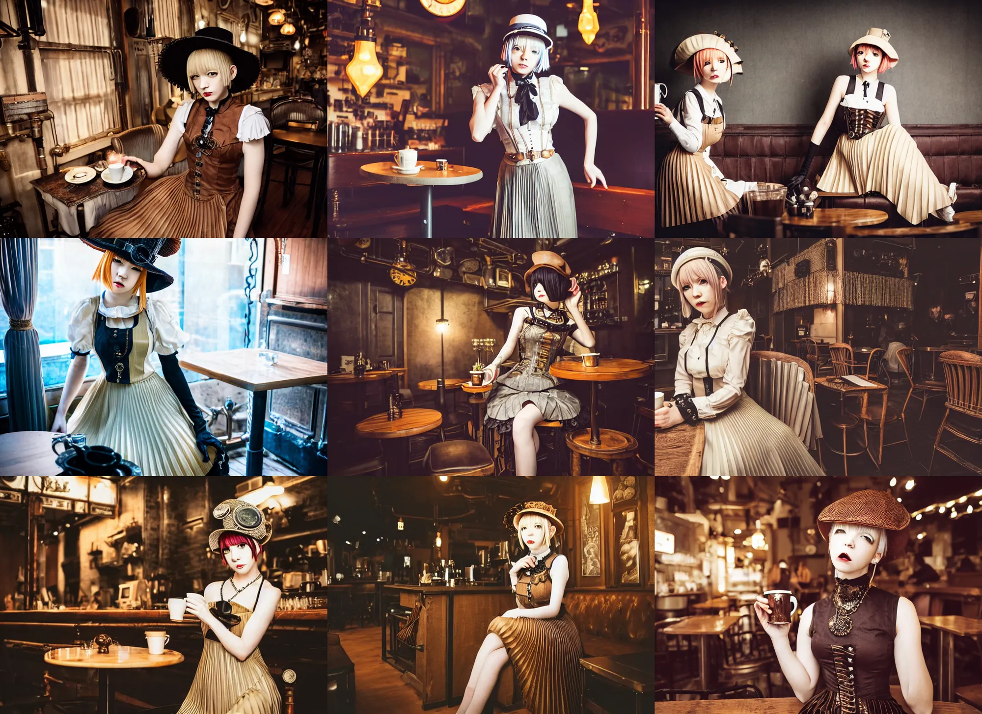 Image similar to full body portrait photo of reol wearing a elegant pleated steampunk dress, open top, wearing a cute hat, drinking coffee in a ( ( busy ) ) steampunk cafe interior, dim studio lighting, at night, ( ( photograph ) ), moody, realistic, detailed, low light, skin tinted a warm tone, light blue filter, victorian