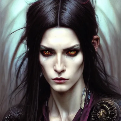 Image similar to portrait painting of an androgynous witch with shoulder length flowing black hair pale skin and beautiful dark brown eyes wearing a punk clothes, ultra realistic, concept art, intricate details, eerie, highly detailed, photorealistic, octane render, 8 k, unreal engine. art by artgerm and greg rutkowski and magali villeneuve and alphonse mucha