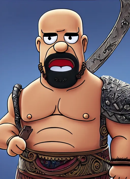 Image similar to painted white Homer Simpson:: depicted as Kratos God of War, Matt Groening art, high detailed official artwork