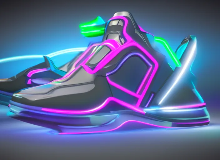 Prompt: futuristic generative design sneakers with neon lights in the style of cyberdog, product shot, dynamic lighting, octane render