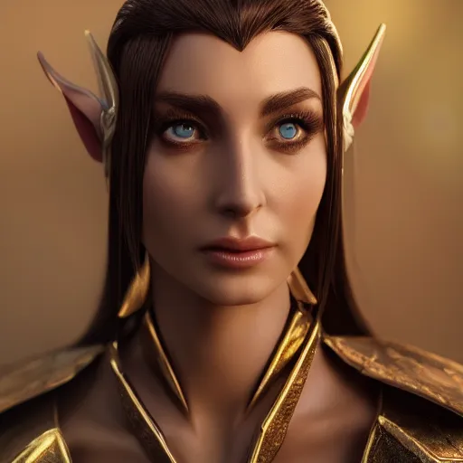 Image similar to portrait of a beautiful female high elf with tan skin, 3 d octane render trending on art station 8 k